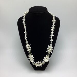 White Chip Necklace w/ Clear Square Bead & Gold Bead Accents